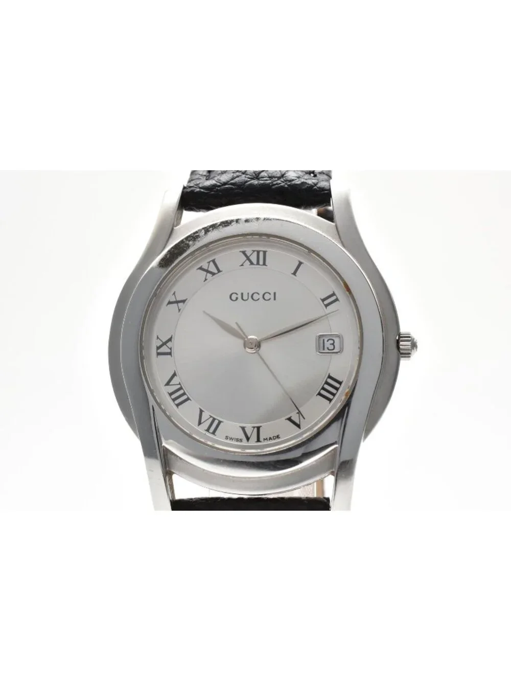 Gucci Quartz Watch Silver Dial Roman Numeral Date Display Stainless Steel Black